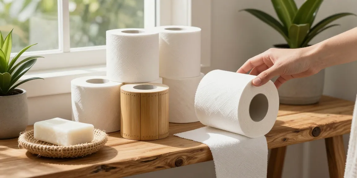 Bamboo Toilet Paper displayed in a stylish eco-friendly bathroom setting, illustrating sustainable luxury and comfort.