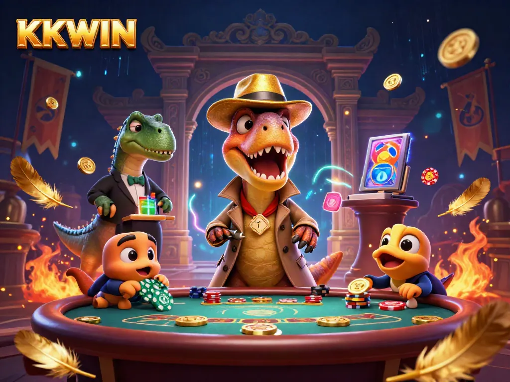 KKWIN card counter velociraptor playing undercover at a blackjack table, vibrant casino scene.