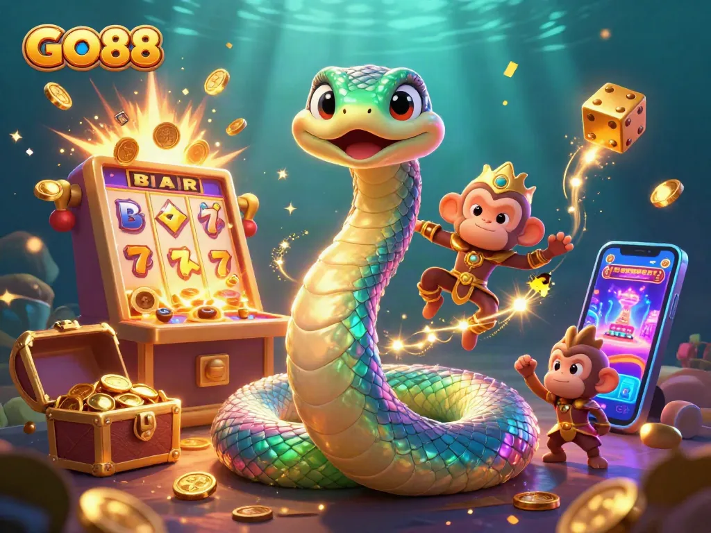 Engage with GO88's vibrant 3D casino experience featuring colorful jackpot elements and a playful scene.