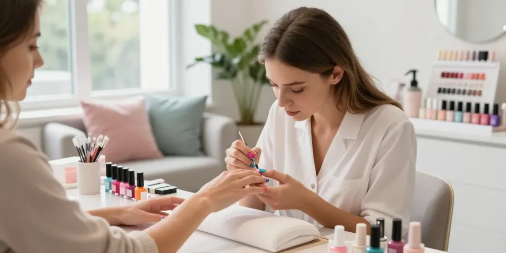 Nail Salon Colcheste with vibrant nail art application and colorful decor creating a welcoming atmosphere.