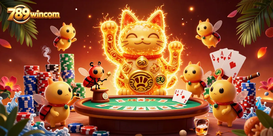 Experience the vibrant casino world of 789wincom with a lucky cat in a swarming golden firefly scene.