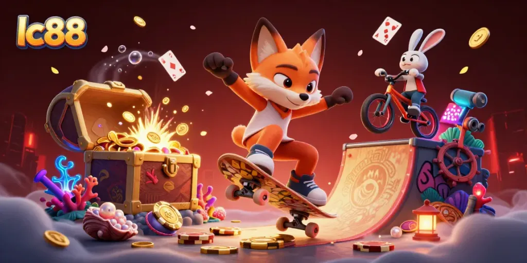 Engaging lc88 graphic with a skateboarder fox and BMX rabbit performing tricks amidst casino-themed elements.