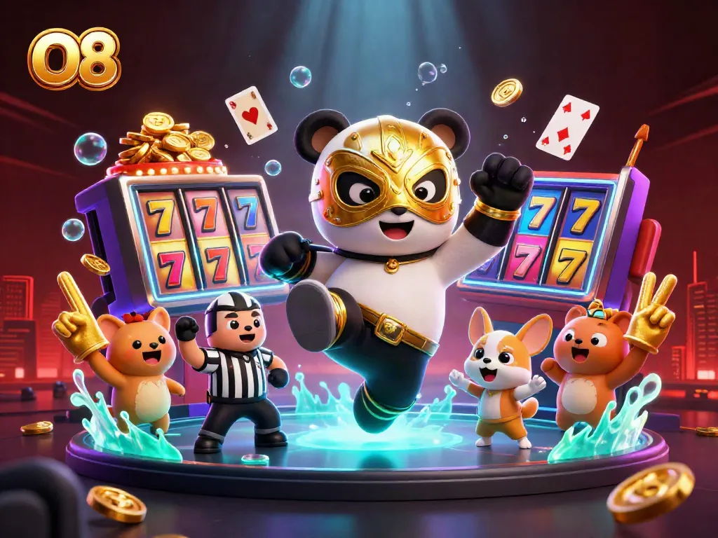 O8's vibrant 3D scene shows a panda wrestler kicking amidst spinning slot reels, celebrating casino fun.