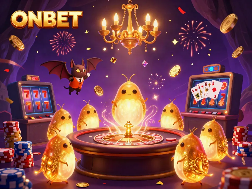 Experience ONBET's vibrant casino atmosphere with animated glowworms, dazzling lights, and gaming excitement.