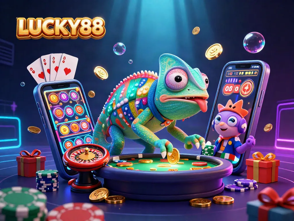 Engage with LUCKY88 by spinning vibrant slot reels and winning golden coins in this dynamic casino scene.