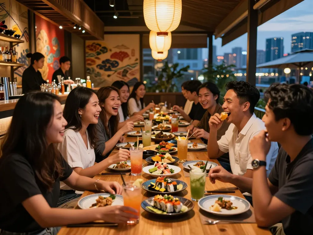 Delightful dining experience at RED88 Asian fusion restaurant with friends enjoying sushi and cocktails