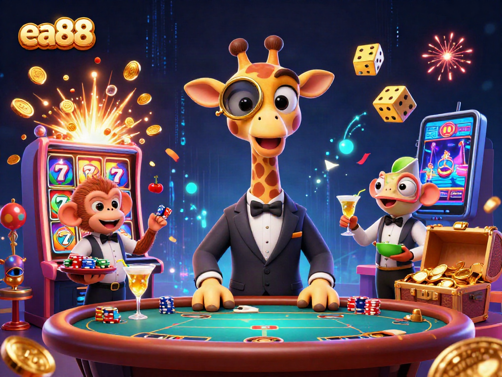 ea88 showcases thrilling moments of victory with a high-roller giraffe at a jackpot slot machine.