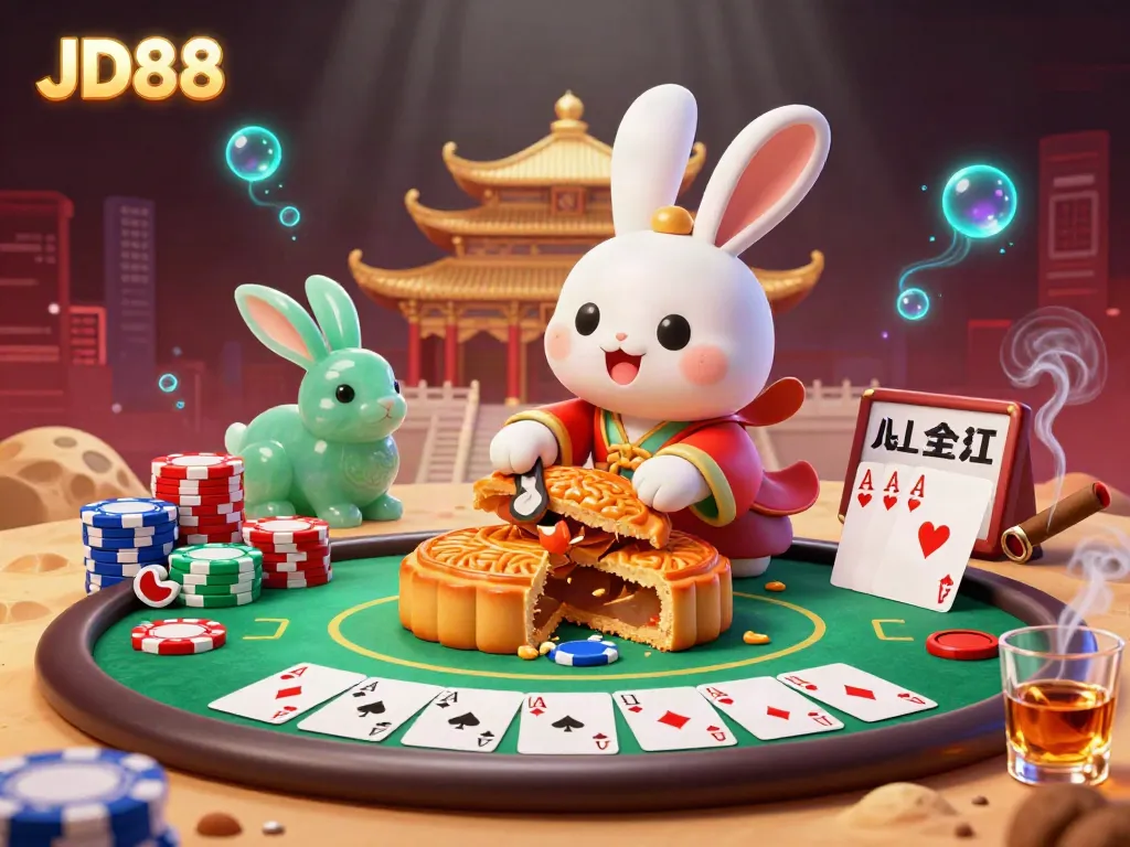 Experience JD88 with vibrant poker action, featuring a moon rabbit and poker chips.