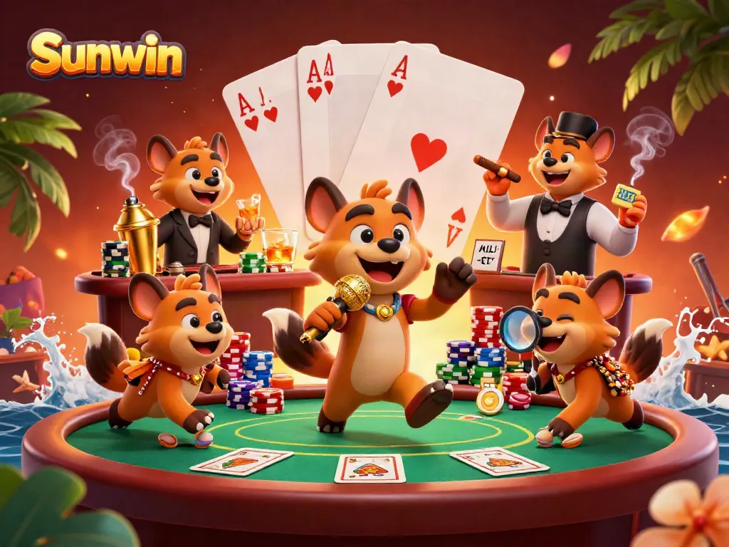 Sunwin casino scene featuring hyenas performing and engaging in gambling activities.