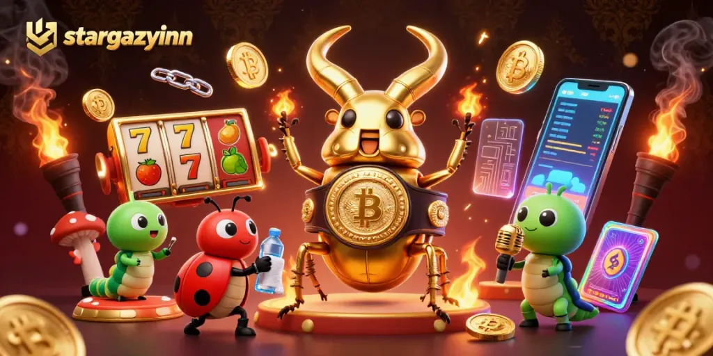 Engage in thrilling action at stargazyinn with a dynamic scene of a golden stag beetle champion and colorful casino elements.