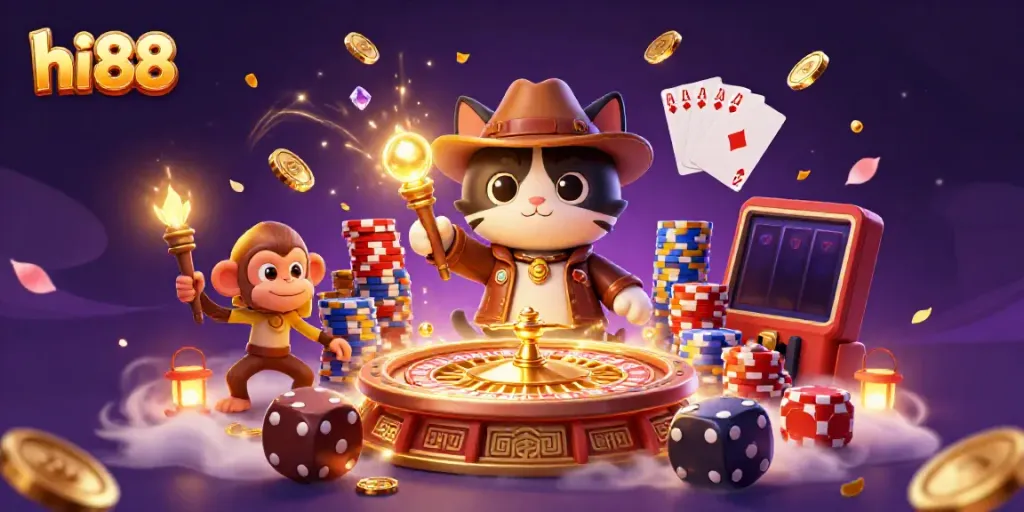 Experience thrilling adventures at hi88 with a 3D cartoon explorer uncovering casino treasures.