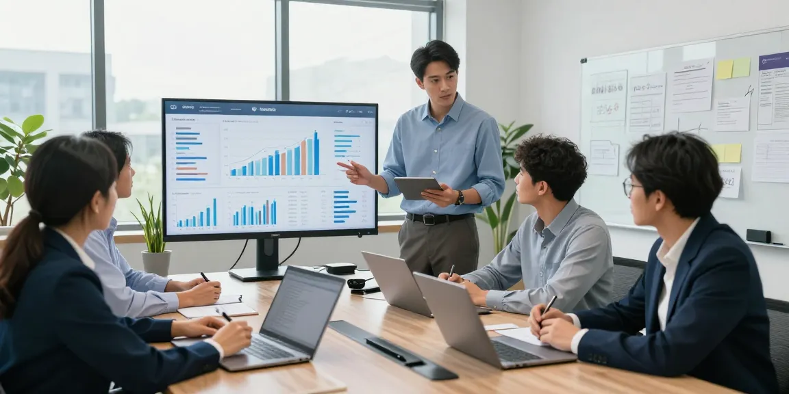 Équipe de professionnels du secteur bancaire CIBC business collaborant autour d'une réunion stratégique avec des tableaux de bord financiers.