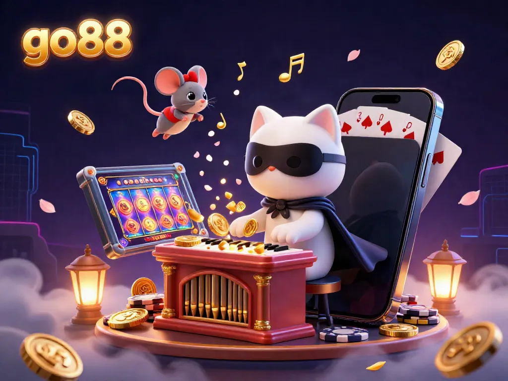 Experience excitement at go88 with an intricately designed casino scene featuring a phantom cat, acrobat mouse, and dynamic gaming elements.