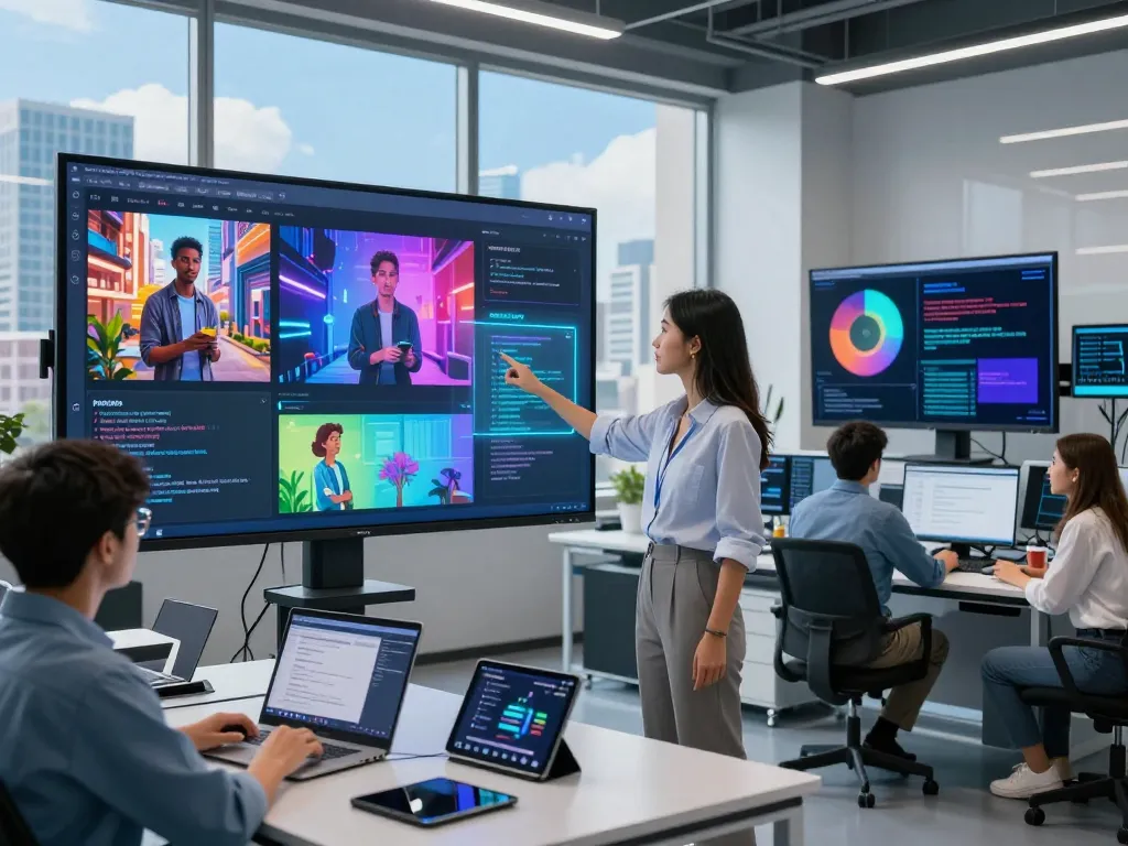 High-tech lab scene showcasing an image to prompt tool in action with diverse professionals collaborating on AI-generated images.