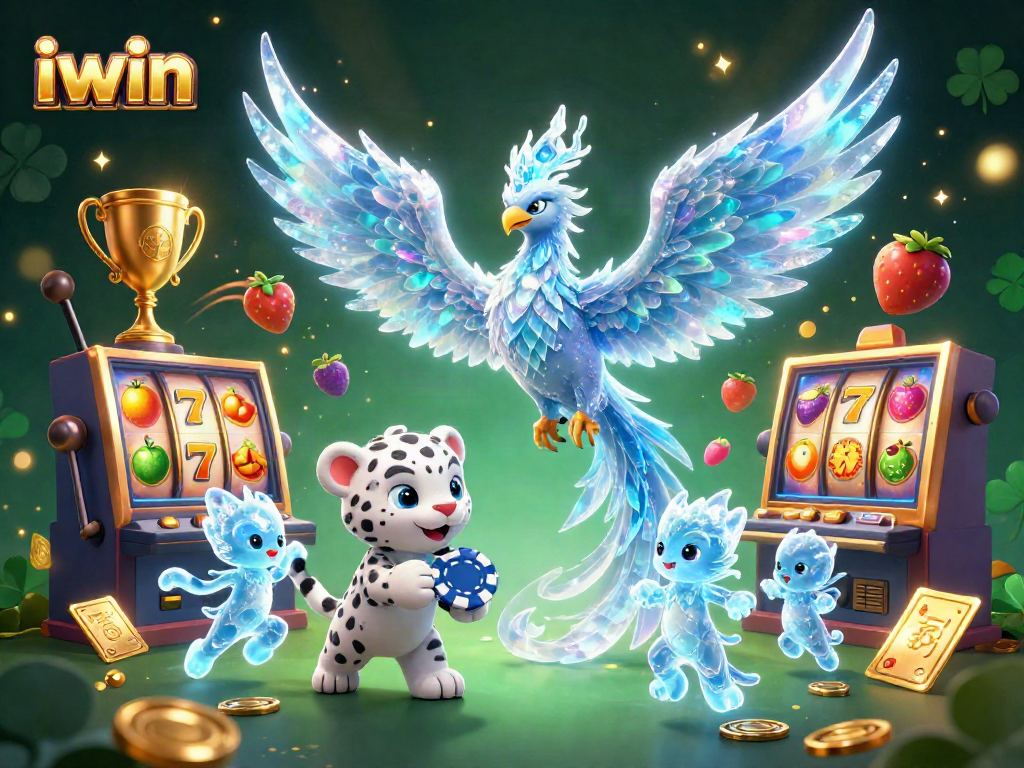 Spin to win with iwin: A vibrant scene of an ice phoenix, slot reels, and golden coins.