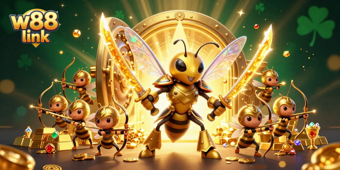 Experience w88 link's thrilling gaming atmosphere with a dynamic scene of golden hornets and treasures!