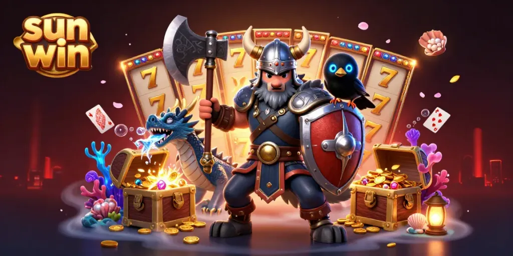 Experience thrilling wins at sun win with a Viking warrior, dragon, and dynamic casino elements.
