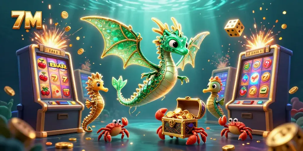 Engage with the dynamic casino experience of 7M through a vibrant underwater scene featuring a leafy sea dragon and royal seahorse guard.