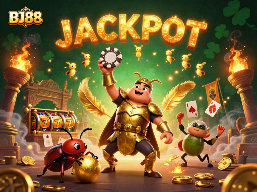 BJ88 celebrates with a victorious beetle, showcasing vibrant casino elements like slot reels and poker cards.