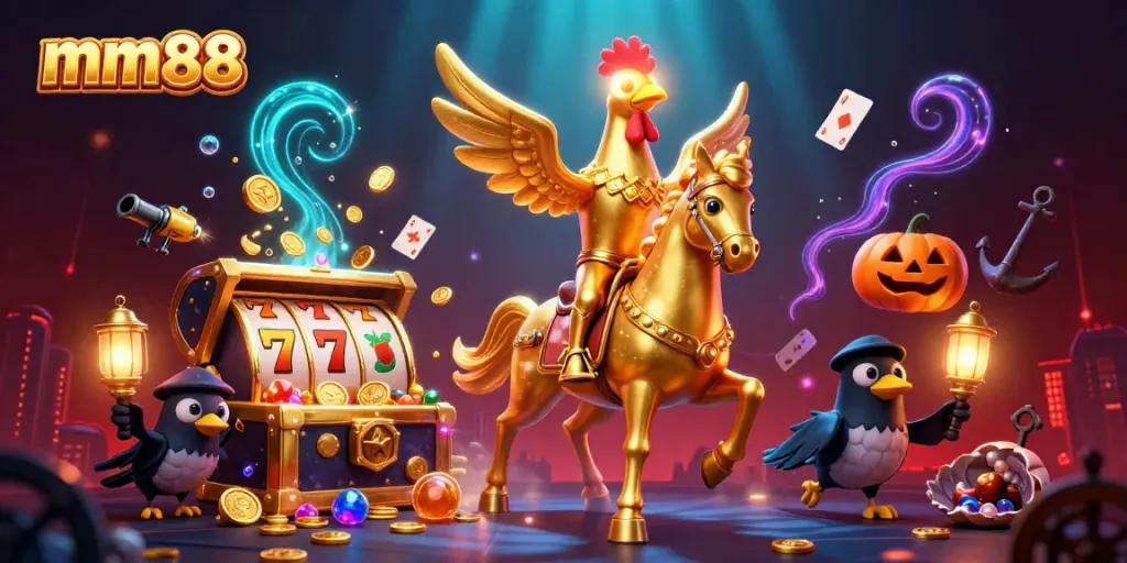 Experience thrilling mm88 casino adventures with a golden rooster and lantern-carrying crows in a vibrant nighttime scene.