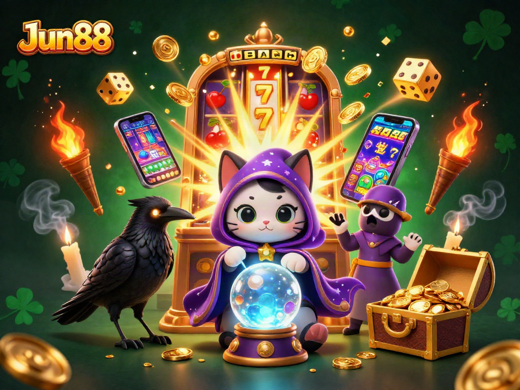 Experience thrilling wins with Jun88’s dynamic casino scene featuring iconic symbols and vibrant characters.