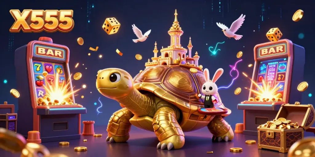 Experience X555 with a vibrant golden tortoise casino, rabbit dealer, and flying coins.