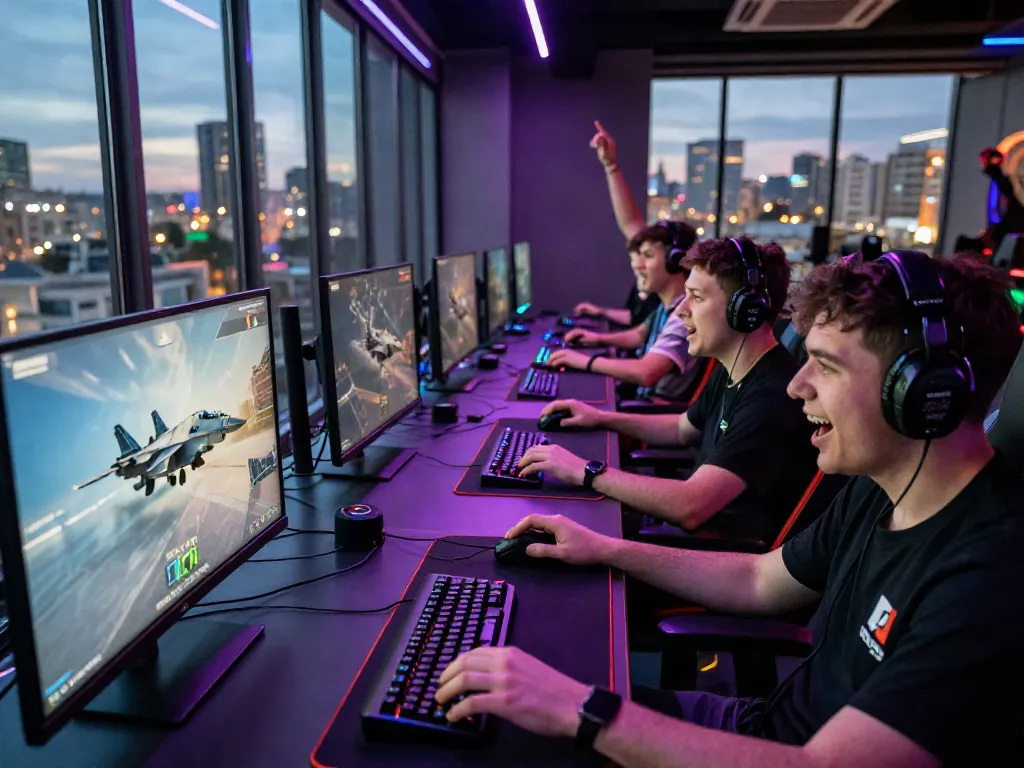 Mọi người đang chơi game trên nền tảng f168 trong một khu vực chơi game hiện đại đầy ánh sáng LED.