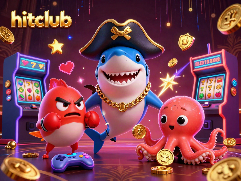 Join the fun at hitclub with a cartoon pirate shark and friends in a vibrant casino scene.