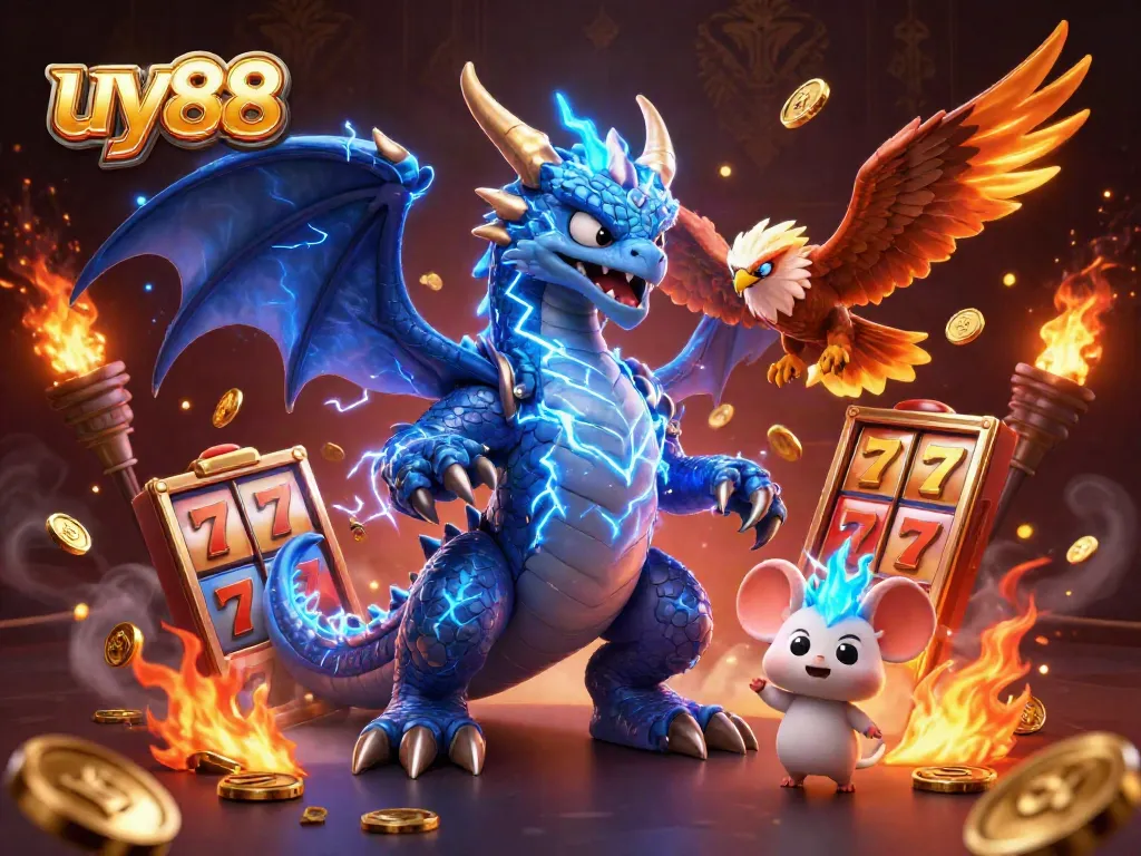 Experience the thrill of uy88's gaming action with detailed 3D casino characters and dynamic slot elements.