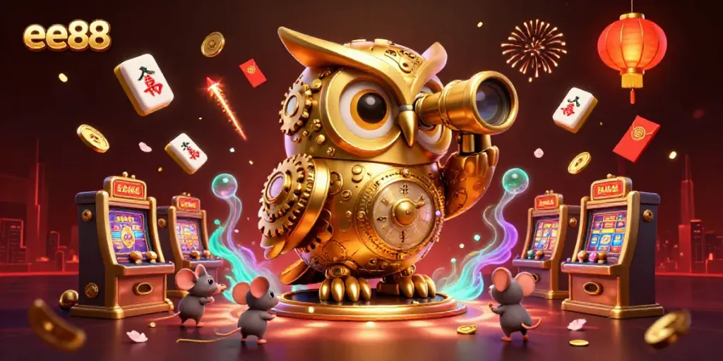 Engage with ee88's vibrant casino scene featuring a golden owl, slot machines, and joyful patrons.