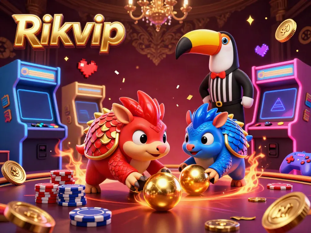 Experience the vibrant gaming action at Rikvip with animated pangolins and golden prizes in a dynamic casino setting.