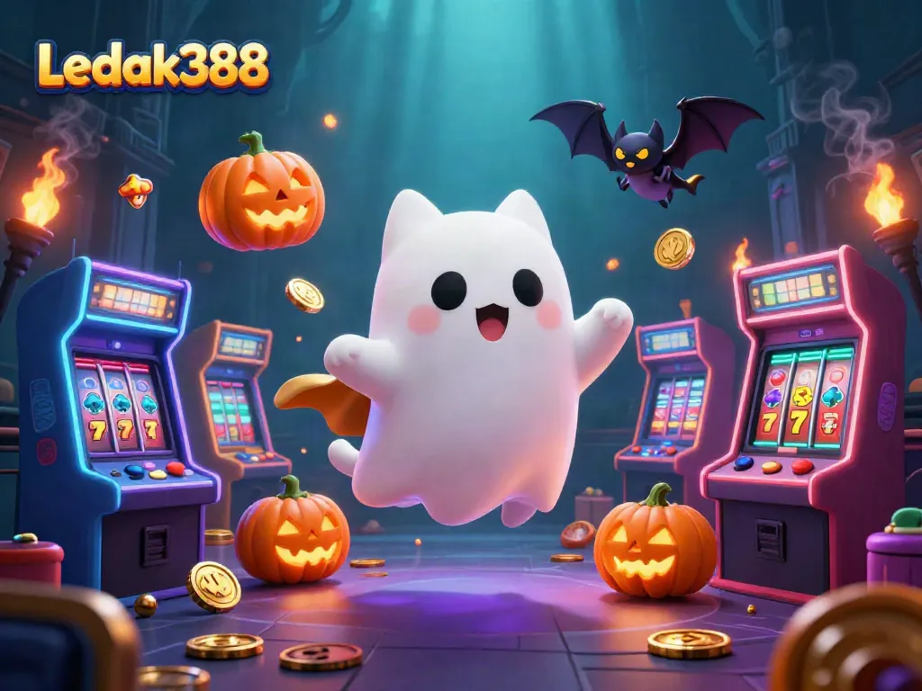 Experience thrilling wins with Ledak388 in a whimsical haunted casino scene featuring vibrant gaming elements.