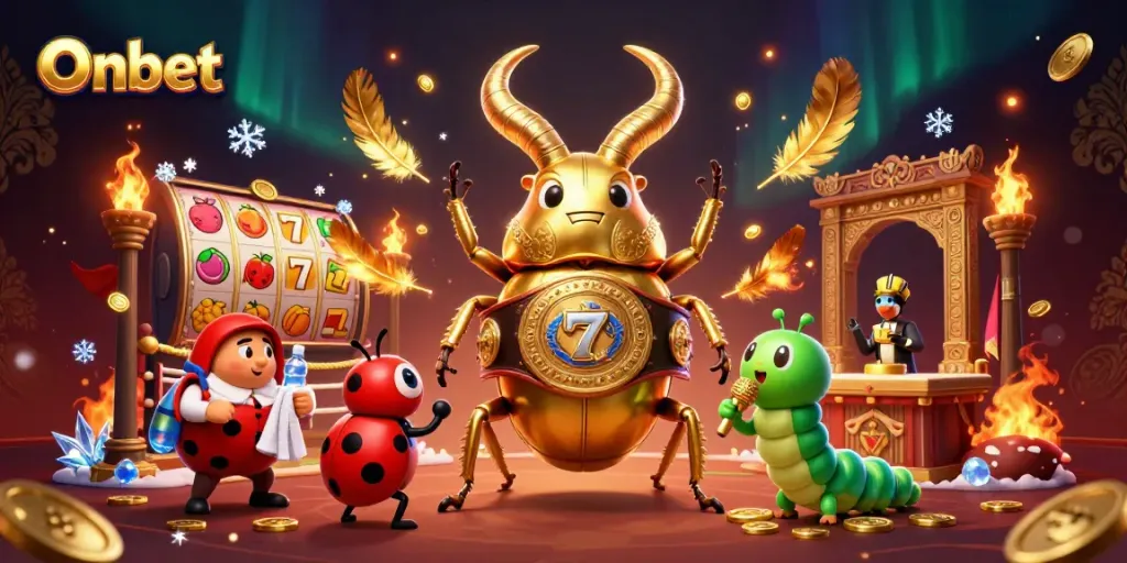Engaging Onbet illustration featuring a giant stag beetle boxing champion with casino elements, perfect for gambling content.
