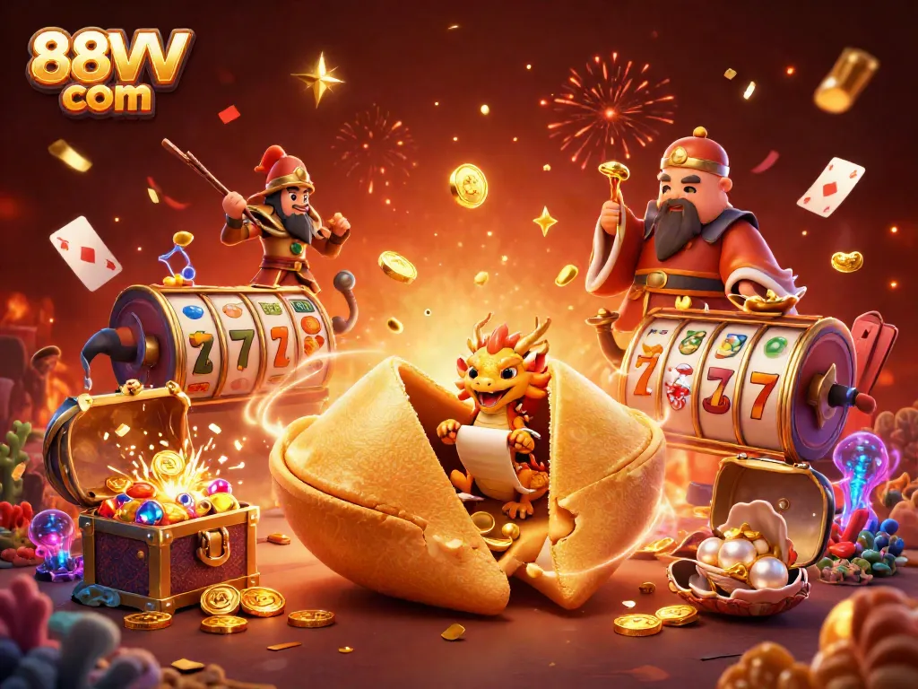 Win big at 88VV com with a vibrant 3D casino scene featuring a golden fortune cookie surrounded by slot game elements.
