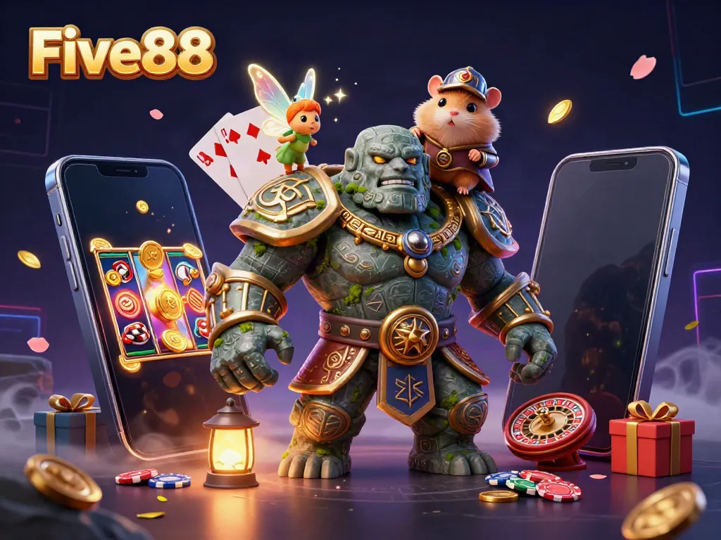 Experience the magic of Five88 with a thrilling casino illustration featuring a fantasy golem, fairy, and hamster.