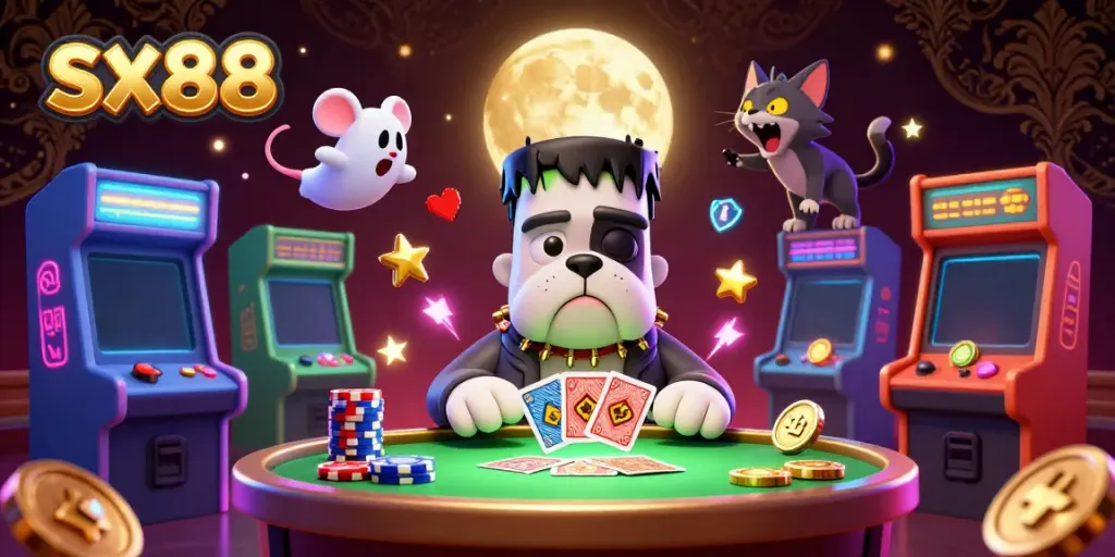 Join the excitement at sx88 as a cartoon bulldog monster deals cards in a spooky casino atmosphere.