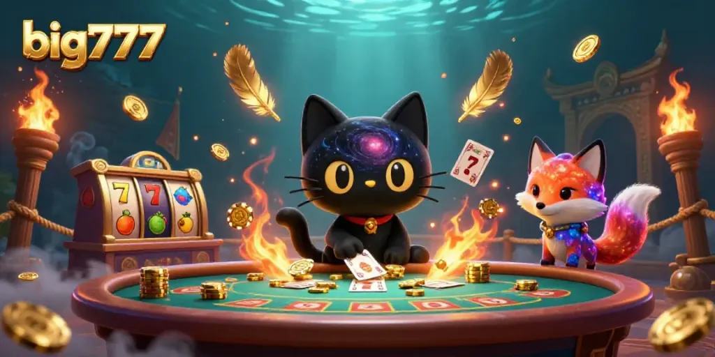 Engaging big777 casino scene with a black hole cat and nebula fox pulling in golden chips.