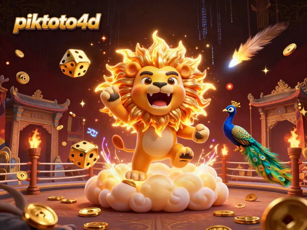 Experience exciting gameplay with piktoto4d in this vibrant 3D casino illustration showcasing a lion and giant dice.