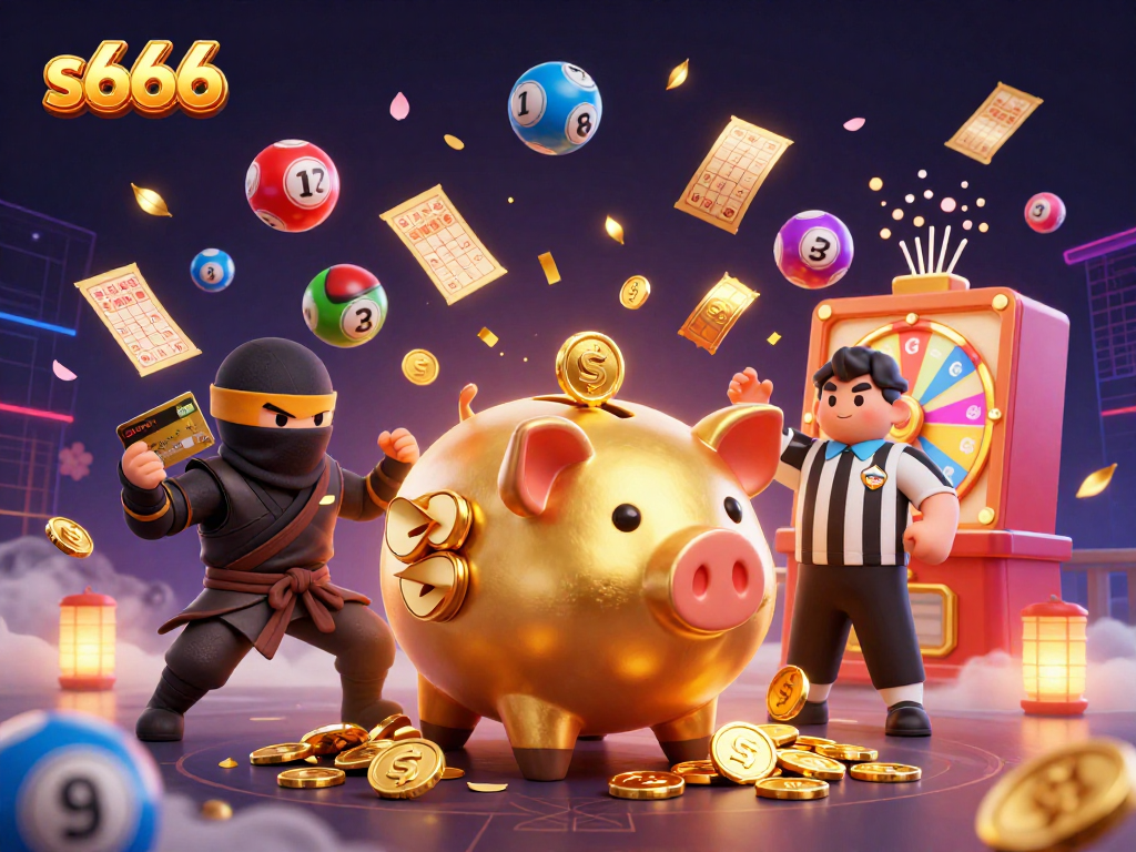 s666 showcases a lively scene with a golden piggy bank wrestler, vibrant lottery elements, and casino excitement.