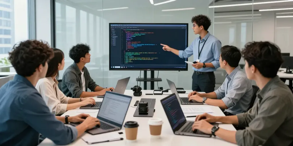 Team collaborating on software sponsored content UK in a modern office environment.