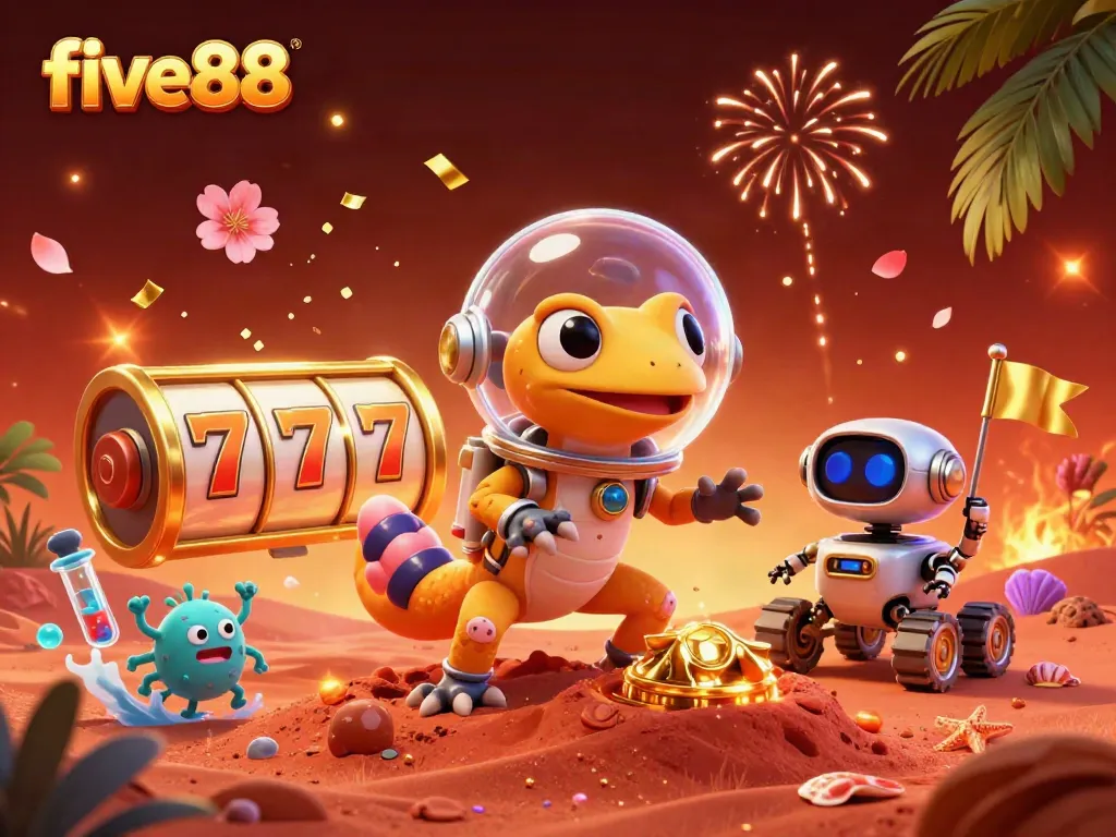 Engage with the five88 Martian gecko enjoying a vibrant casino adventure with spinning slot reels and festive fireworks.