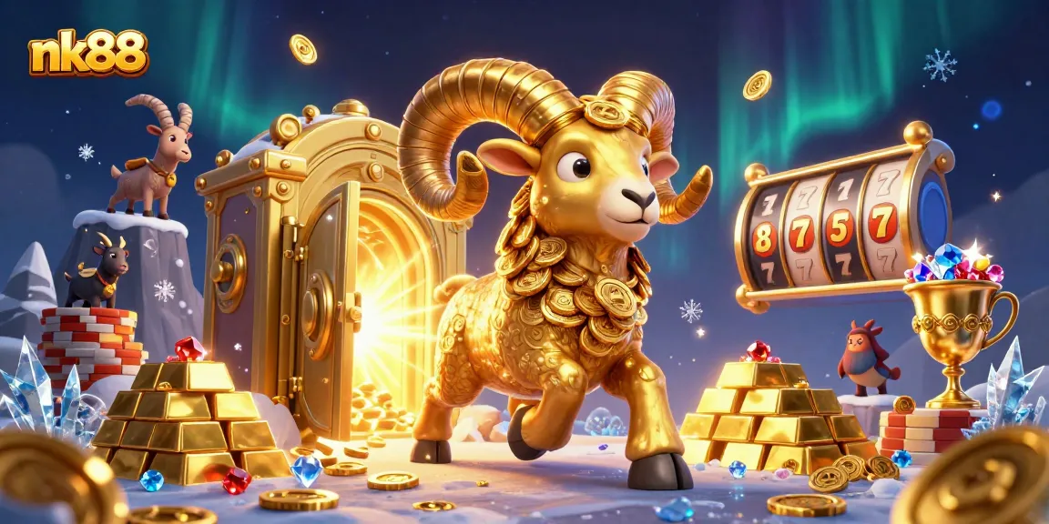 Experience thrilling adventures at nk88 with a golden ram charging through a treasure-filled casino scene.