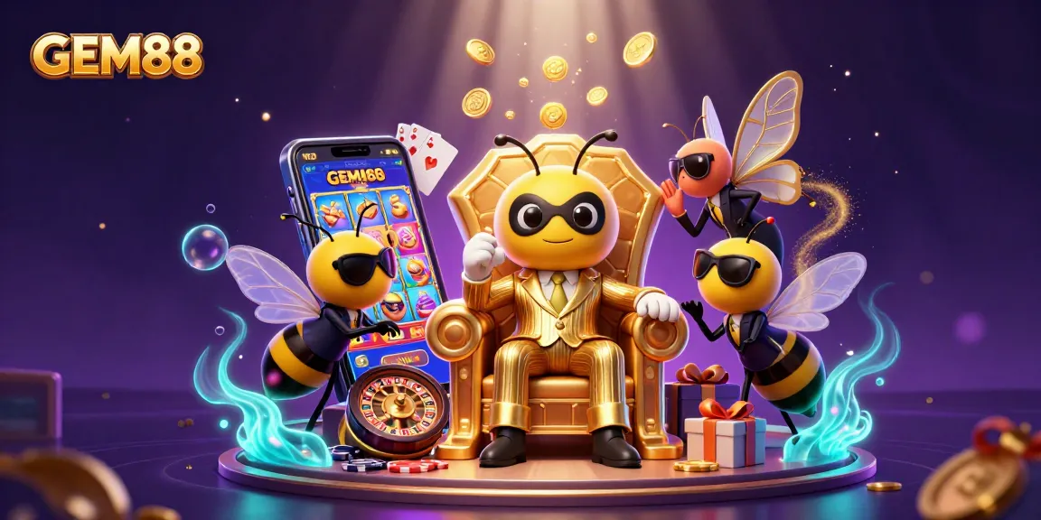 Experience GEM88's high-energy casino scene with vibrant slot games, gold coins, and dynamic characters.