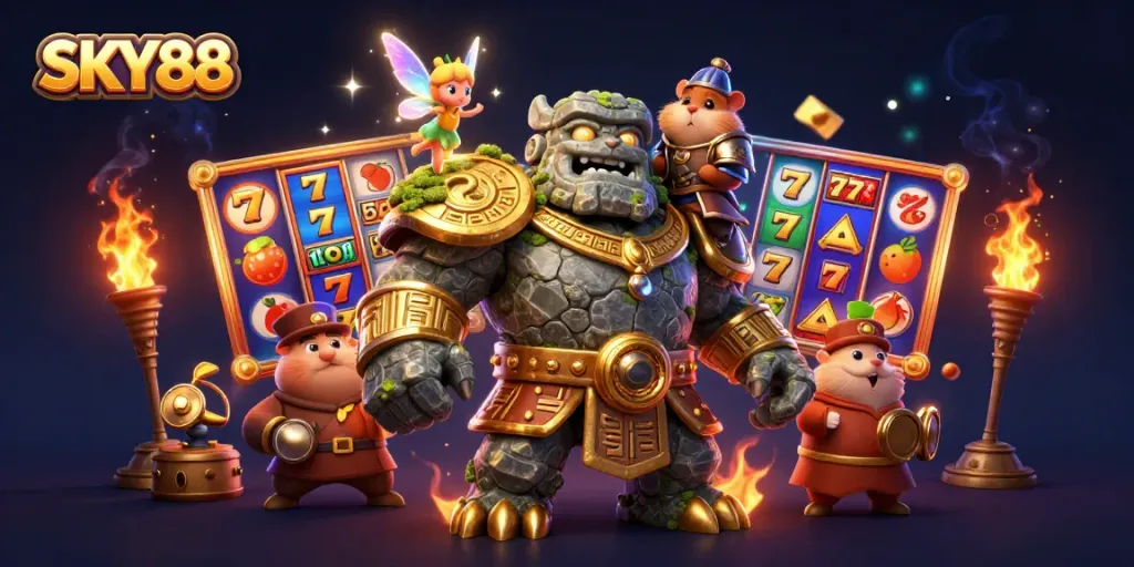 Experience thrilling winnings at SKY88 with vibrant 3D casino characters amidst dynamic gaming elements.