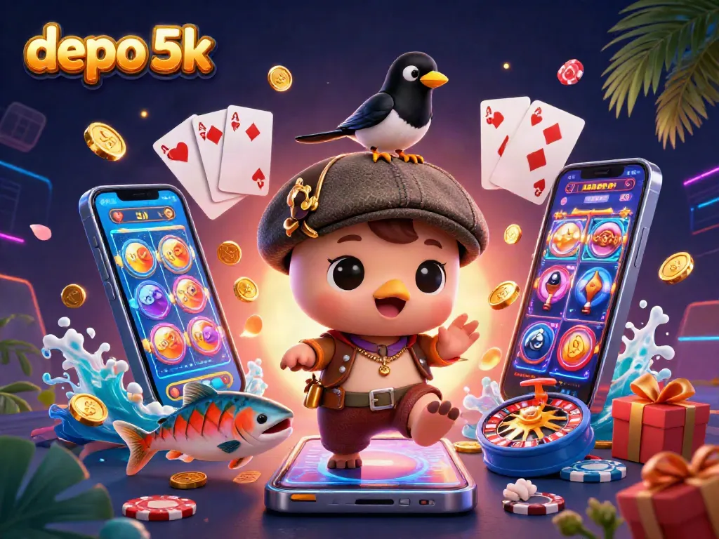 Spin to win at depo 5k with vibrant slots and colorful game icons showcasing thrilling casino excitement.