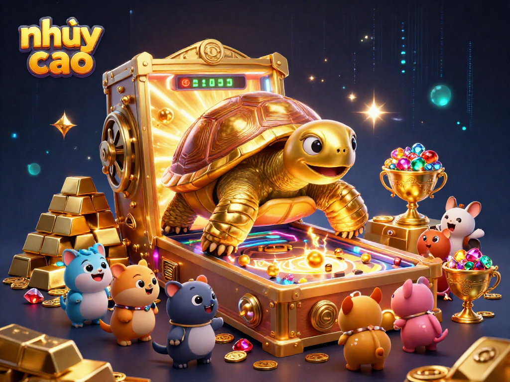 Engage with nhảy cao as a 3D cartoon scene featuring a colossal tortoise playing a pinball machine amidst a treasure explosion.