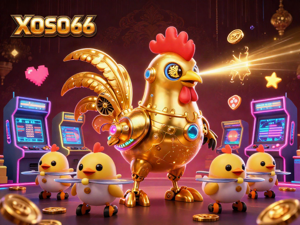XOSO66 casino scene featuring a golden rooster robot surrounded by baby chick drones and arcade games.