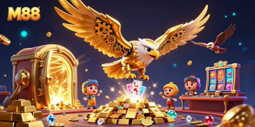 Experience the thrilling world of M88 with vibrant casino elements and a soaring golden eagle.