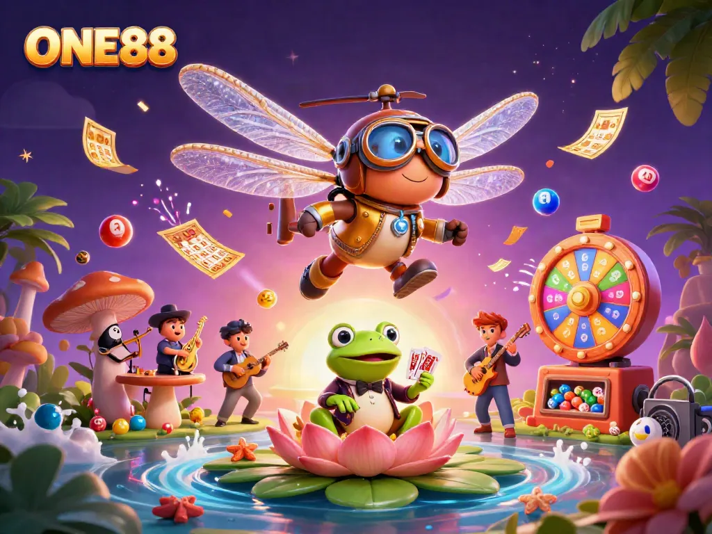Experience the vibrant world of gambling at ONE88 with a lively casino scene featuring colorful game elements and energetic characters.