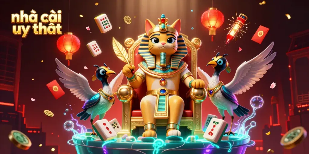 Engage with "nhà cái uy tín" showcasing a pharaoh cat and scribe surrounded by festive casino elements in a vibrant scene.